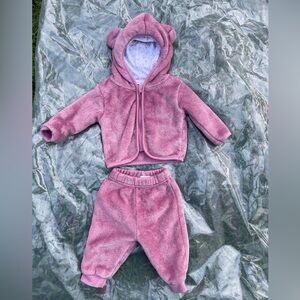 Rene Rofe Baby Girl Pink Sherpa Winter Set | 0-3M | Bear Ear Hoodie & Jogger